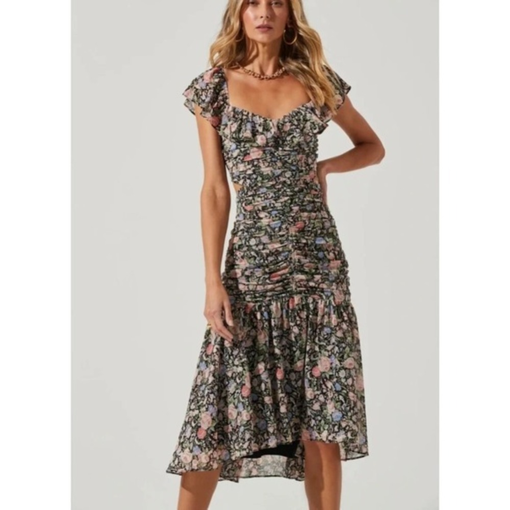 ASTR Black Floral Ruched Side Cutout Midi Dress Womens Small Ruffle Cap Sleeve